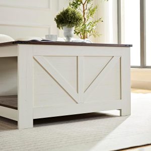 Angel Sar Farmhouse Coffee Table with Storage, Square Coffee Tables for Living Room, White Coffee Table with Metal Corner, Wood Rustic Cocktail Table, 2-Tier Center Table for Living Room