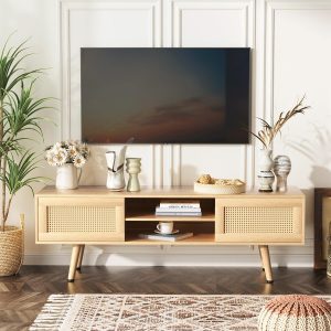 Angel Sar Rattan TV Stand for TVs up to 60 inches, Boho Media Entertainment Center with 2 Movable Doors, Open Shelves, Wood Legs, Wood Color