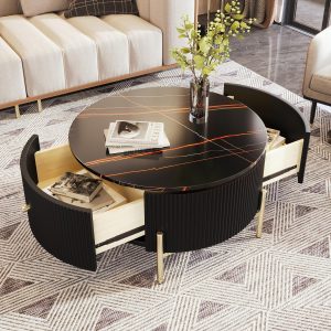 Modern Round Coffee Table with 2 Large Drawers, Luxury Center Table, Tea Table with Golden Legs for Living Room, Lounge, Home Office, Black